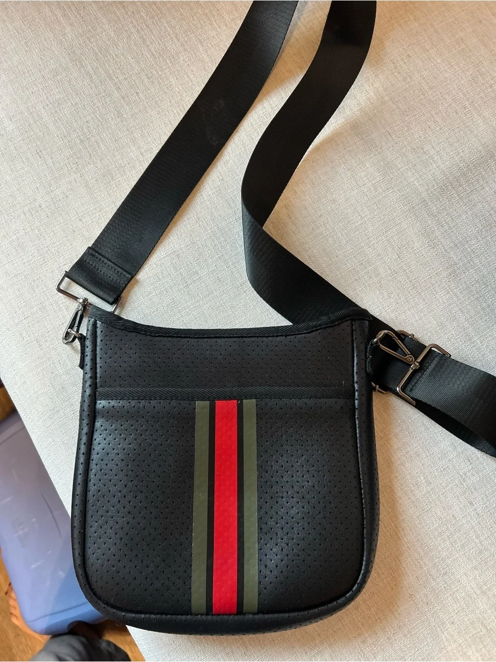 HAUTE SHORE Black Crossbody Messenger with Red & Olive Stripes